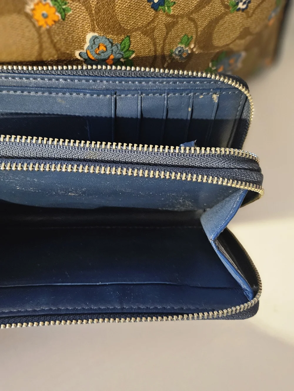 Coach Tan Signature Floral Satchel with Blue Trim and Matching Wallet